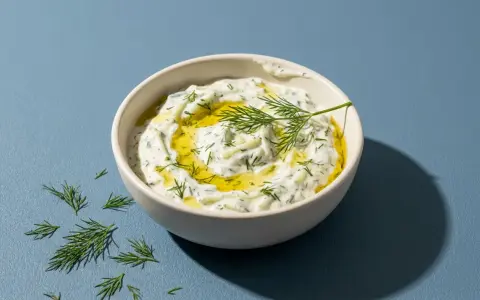 Schüssel mit cremigem Tzatziki, garniert mit Olivenöl und Dill. Perfekt für Ihr nächstes Tzatziki Rezept.