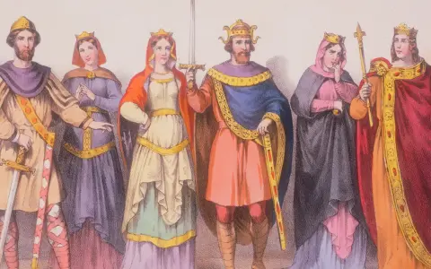 Sechs Figuren in mittelalterlicher Kleidung, darunter ein adliger Mann mit Schwert und Krone, posieren für ein Bild.