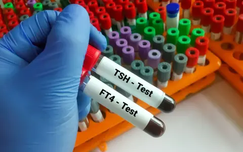 Ręka w niebieskiej rękawiczce trzyma probówki z oznaczeniami TSH i FT4 - Test. To kluczowe badania do oceny funkcji tarczycy.
