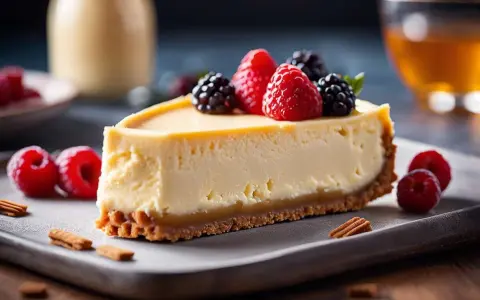 Tranche de cheesecake crémeux garnie de framboises et mûres, sur un lit de caramel et croûte biscuitée. Un délice de fourrage gâteau !