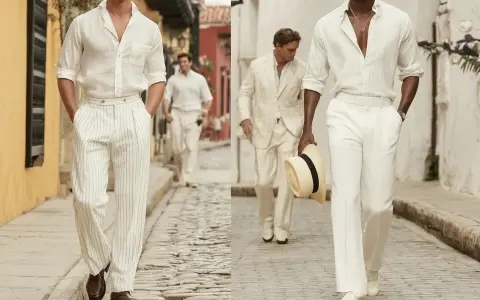 Uomini con un elegante outfit pantaloni bianchi a righe, camicie leggere e cappello di paglia passeggiano su un vicolo acciottolato.