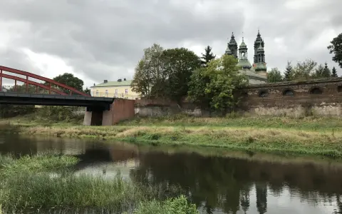 Most widokowy z rzeką, zieloną roślinnością i budynkami w tle.