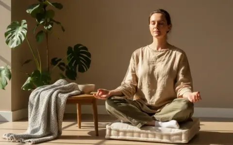 Femme méditant, apaisant son cerveau en ébullition. Une plante verte et une couverture ajoutent à l'atmosphère sereine.