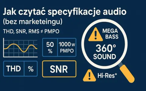 Wykresy i parametry jak THD, SNR, PMPO pomagają ocenić efektywność głośnika. Mega Bass i 360° Sound to chwyty marketingowe.