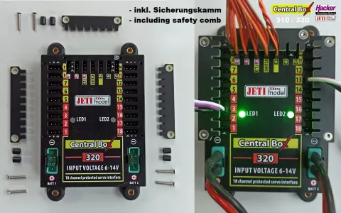 Jeti Central Box 320 mit 18 Kanälen, inklusive Sicherungskamm. Zwei grüne LEDs leuchten.