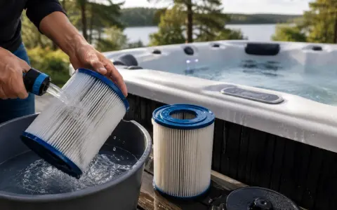 Rengöring av spabadets filter för att ta bort kalk på plast. En person spolar ett filter med vatten i en hink bredvid ett uppvärmt spabad.