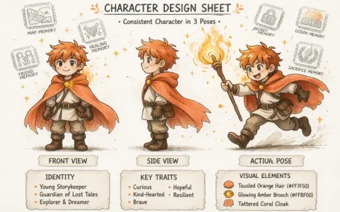 Diseño de personajes para historias: un joven aventurero con capa naranja, visto de frente, perfil y en acción con una antorcha.