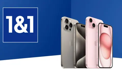 1&1 Logo neben iPhones in Silber und Rosa auf blauem Hintergrund.