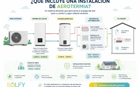 Diagrama de aerotermia aire-aire: unidad exterior, bomba de calor, acumulador ACS y sistema de distribución para calefacción, refrigeración y agua caliente.