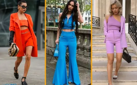 Tres mujeres lucen atuendos vibrantes, capturando los **colores del verano**: naranja, azul eléctrico y lavanda.