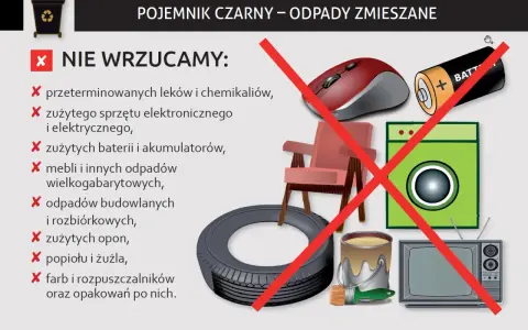 Nie wrzucaj leków, baterii, mebli, opon, farb ani elektroniki do pojemnika na odpady zmieszane. Czy odpady zmieszane można wyrzucać w workach? Nie, te przedmioty wymagają specjalnej utylizacji.