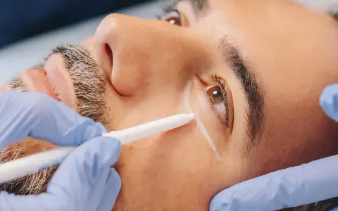 Man receiving treatment to eliminate dark circles permanently. A gloved hand holds a device near his eye.