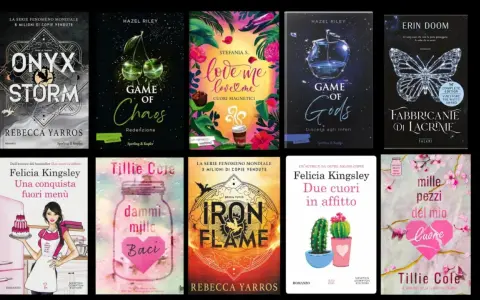 Copertine di romanzi rosa: "Onyx Storm", "Game of Chaos", "Love me love me", "Game of Gods", "Fabbricante di lacrime", "Una conquista fuori menù", "Dammi mille baci", "Iron Flame", "Due cuori in affitto", "Mille pezzi del mio cuore".