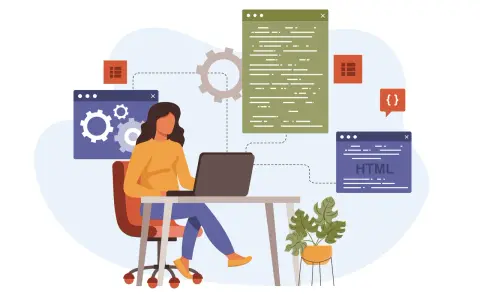 Kobieta przy biurku uczy się, jak zostać programistą, analizując kod na ekranie laptopa i okna z HTML.