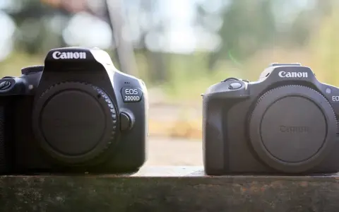 Dwa aparaty Canon EOS 2000D stoją obok siebie. Wady i zalety tego modelu są kluczowe dla początkujących fotografów.