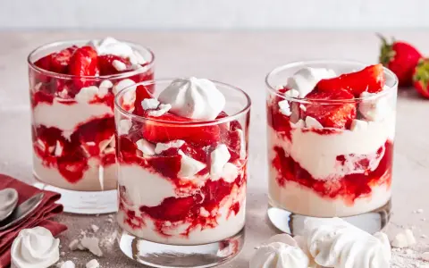 Drei Gläser mit Eton Mess: geschichtete Erdbeeren, Sahne und zerbrochene Baiser-Stücke.