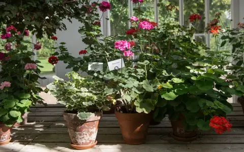 En samling gammaldags pelargoner i krukor, med blommor i rosa, rött och lila. Vissa har skyltar med namn.
