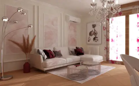 Salotto elegante con divano bianco, tappeto rosa antico, lampadario scintillante e tende floreali.