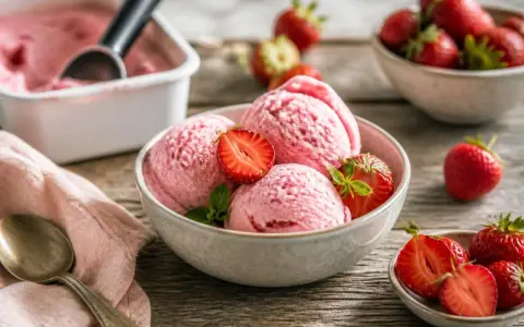 Schneebälle aus schnellem Erdbeereis, garniert mit frischen Erdbeeren und Minze, auf einem Holztisch.