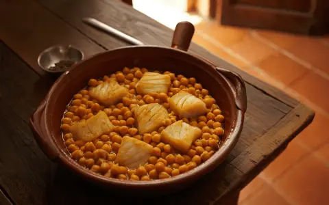 Guiso de garbanzos con trozos de bacalao en cazuela de barro.