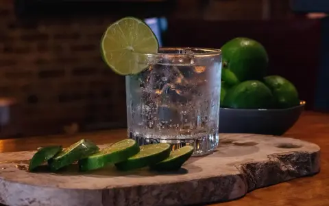 Erfrischendes Glas mit Eis, Limettenscheiben und einer Schale voller Limetten – perfekt für ein Tonic Water Rezept.
