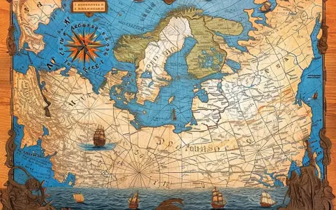 Stara mapa morska z wiatrowskazem i żaglowcami. Widoczne symbole na mapie morskiej wskazują na dawne szlaki żeglugowe i nieznane lądy.