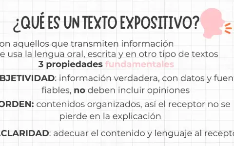 Texto expositivo: información objetiva, ordenada y clara. Sus características son la veracidad, la organización y la adecuación al receptor.