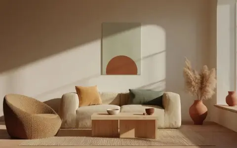 Ein Wohnzimmer, das zeigt, was bedeutet puristisch: Beige Couch, Korbsessel, Holztisch, dezente Deko, viel Licht.