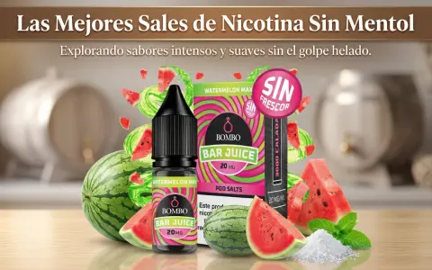 Botella de e-líquido Bombo Bar Juice Watermelon Max con 20 mg de nicotina, rodeada de sandía y menta. ¡20 mg de nicotina es mucho!