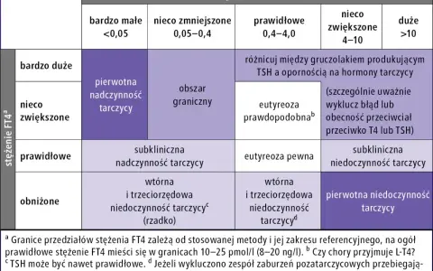 Tabela diagnostyczna TSH i FT4, uwzględniająca anty TPO, pomaga w ocenie funkcji tarczycy.