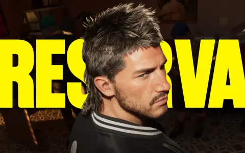 Un hombre con un peinado mullet mira de reojo, con letras amarillas gigantes detrás que dicen "RESERVA". ¡Noticias de GTA 6 que te dejarán sin aliento!