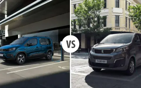 Dwa vany Peugeot: niebieski Rifter i szary Traveller, porównanie modeli.