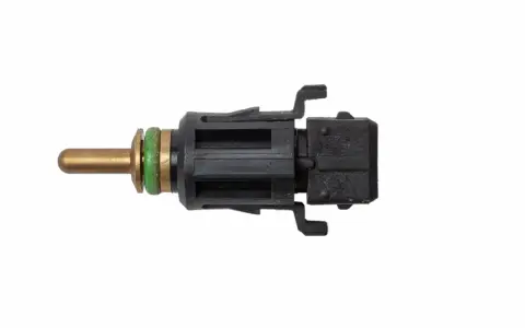 A brass probe with green seals connects to a black plastic connector, part of an ect sensor.