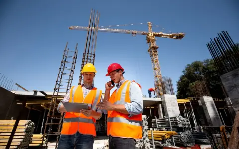 Dwóch budowlańców w kamizelkach odblaskowych omawia projekt na placu budowy. Jeden z nich trzyma tablet, drugi rozmawia przez telefon. W tle widać dźwig i zbrojenia, co sugeruje, że posiadają odpowiednie uprawnienia UDT.