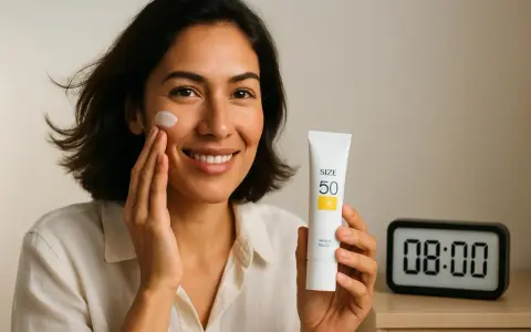 Donna sorridente applica crema solare SPF 50, prevenendo le rughe da sole. L'orologio segna le 08:00, ora perfetta per iniziare la protezione.