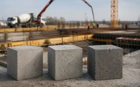 Trzy betonowe kostki, symbolizujące beton C30/37 proporcje, na tle budowy z betoniarką i dźwigiem.