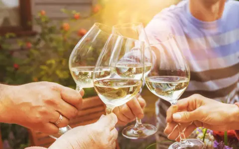 Ein fröhlicher weinabend mit freunden im Garten. Gläser mit Weißwein stoßen an, die Sonne scheint.