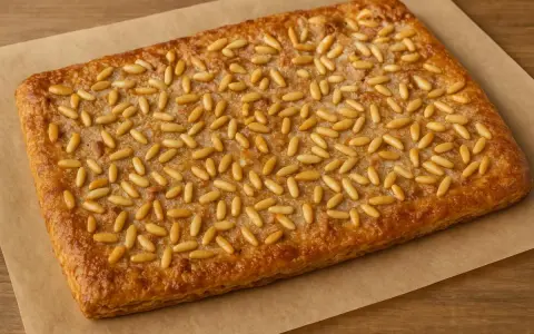 Deliciosa coca de llardons con piñones dorados, lista para disfrutar.
