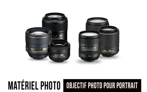 Plusieurs objectifs Nikon, dont un objectif photo pour portrait, sont présentés sur fond blanc.