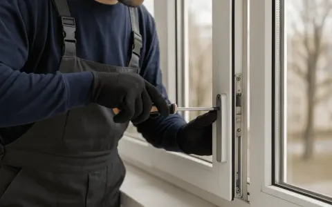 Técnico con guantes negros repara una ventana de aluminio antigua, ajustando el mecanismo con un destornillador.