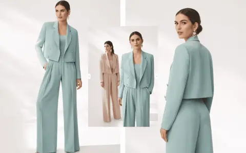 Modello indossa un completo laurea verde acqua con giacca corta e pantaloni a palazzo. Elegante e moderno.