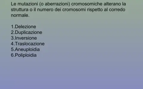Elenco di aberrazioni cromosomiche: delezione, duplicazione, inversione, traslocazione, aneuploidia, poliploidia. Un esempio è il cromosoma 9 invertito.
