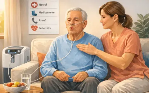 Mann mit COPD erhält Sauerstoff. Eine Pflegerin legt ihm beruhigend die Hand auf die Brust. Hohe Luftfeuchtigkeit kann bei COPD belastend sein.
