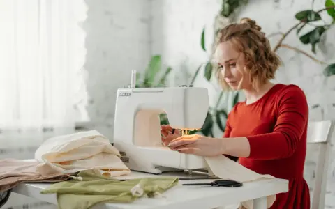 Kobieta w czerwonej sukience tworzy ubrania przy maszynie do szycia. Na stole leżą kolorowe tkaniny.