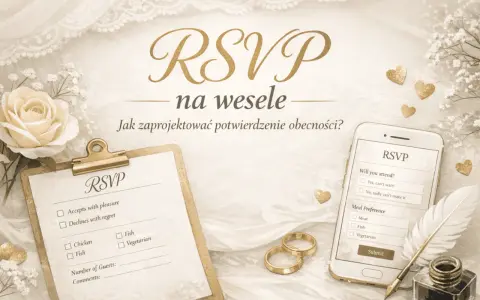 Czy warto inwestować w stronę internetową wesela RSVP i mapki online? Elegancka grafika z różą, obrączkami i formularzem RSVP na telefonie i kartce.