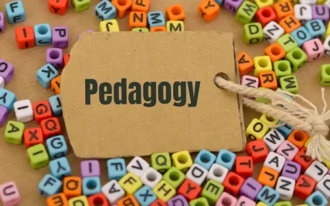 Kolorowe koraliki z literami tworzą tło dla brązowej metki z napisem "Pedagogy". Idealne do nauki i studiów online pedagogika.