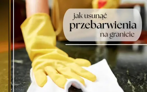 Ręka w żółtej rękawiczce czyści granitową powierzchnię, pokazując, jak usunąć przebarwienia.