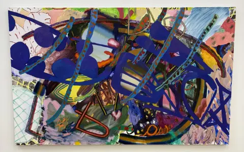 Vibrant abstract painting with bold blue shapes and energetic lines, displayed at Asya Geisberg Gallery.