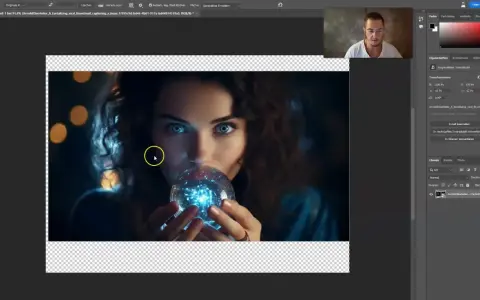 Mujer con mirada intensa sostiene una esfera brillante, editando la imagen con Adobe Firefly Beta.