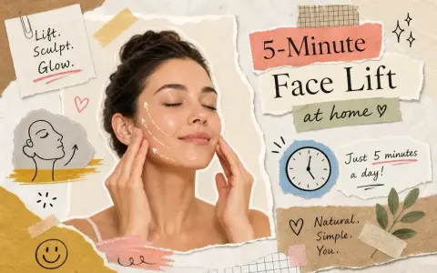 Woman performing a 5-minute face lifting massage at home for a natural glow.